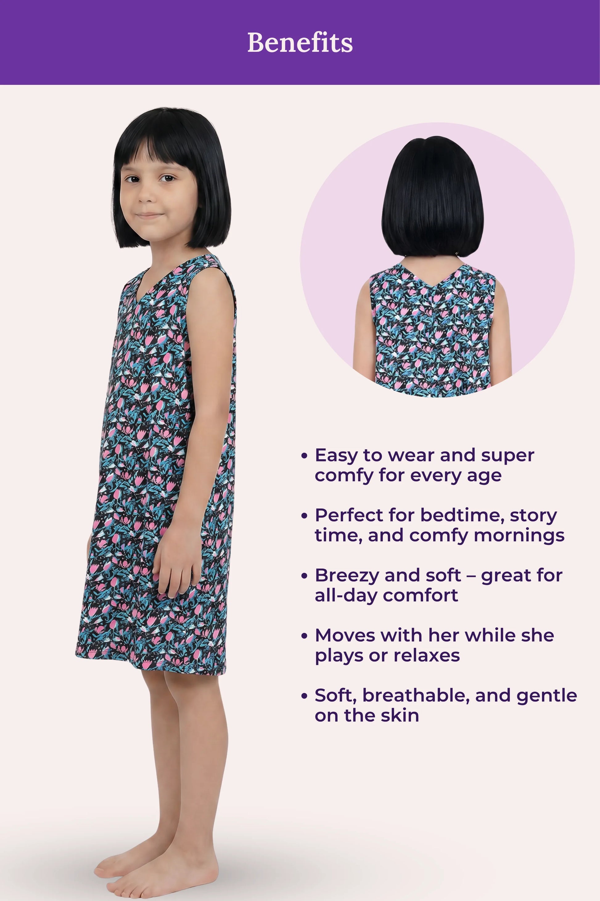 A girl's sleeveless dress, showing a benefits.