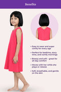 Girl wearing a dark pink dress with text highlighting its benefits.
