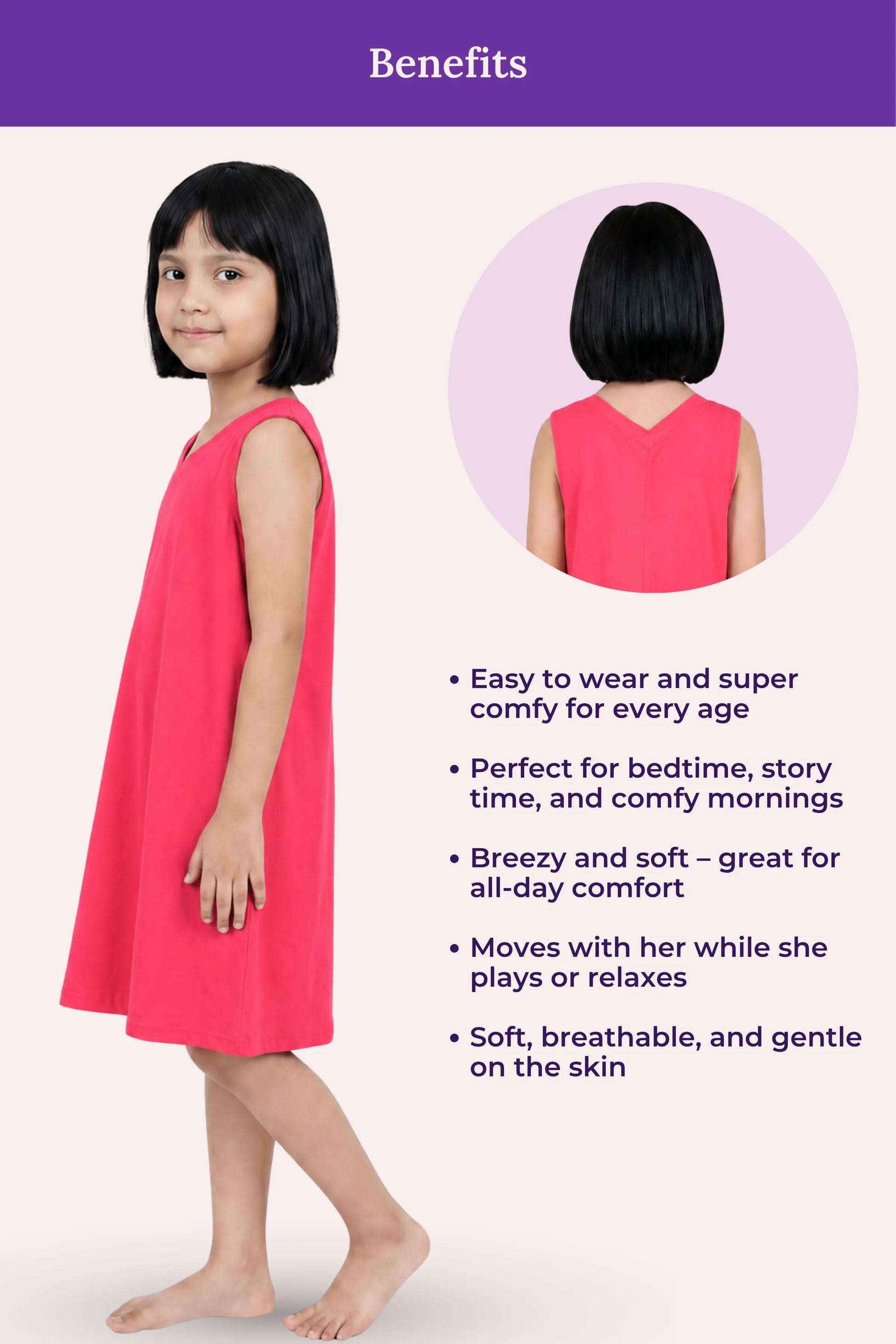 Girl wearing a dark pink dress with text highlighting its benefits.