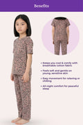 Girl wearing a patterned pajama set with text highlighting benefits