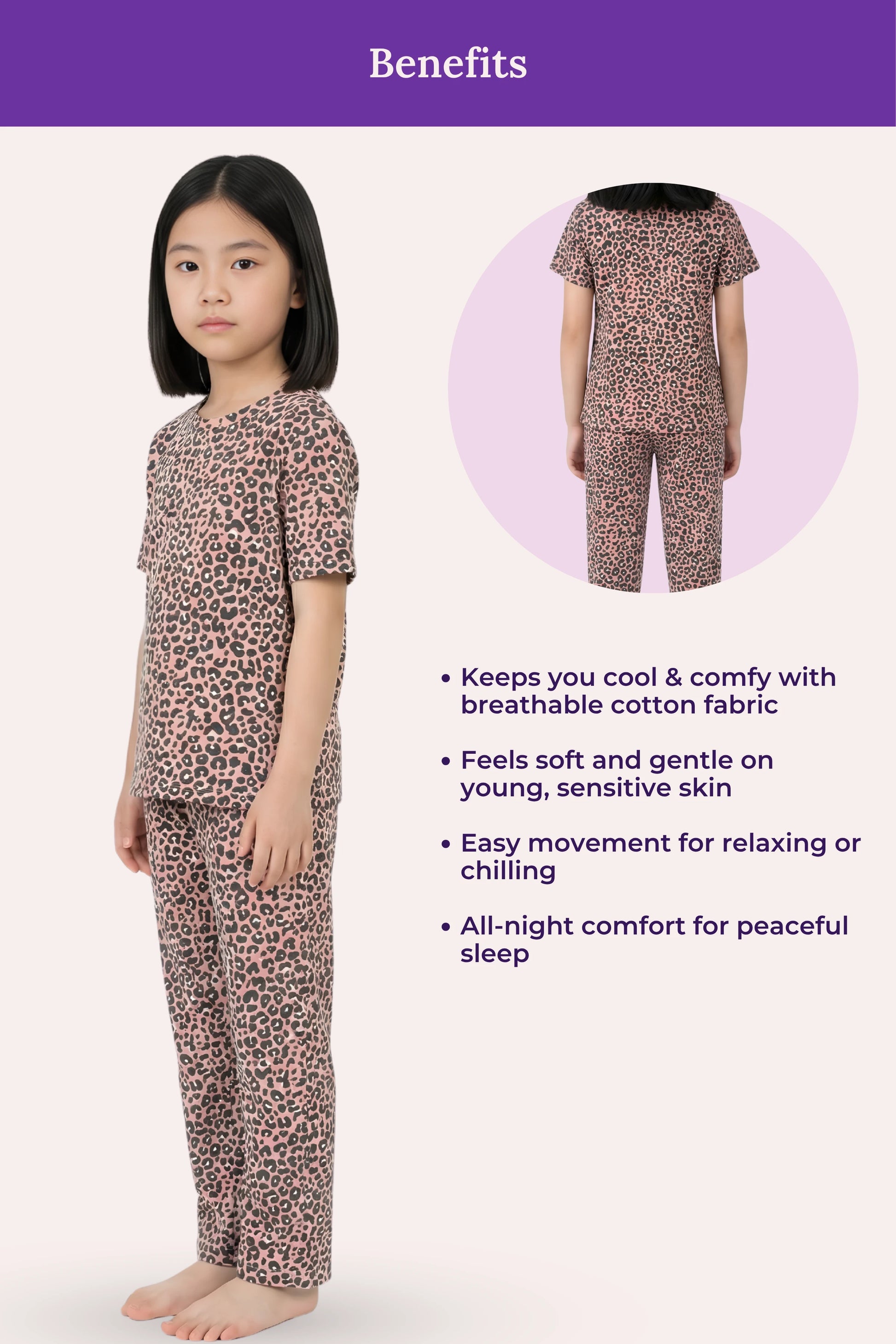Girl wearing a patterned pajama set with text highlighting benefits