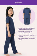 Girls wearing airforce navy pajamas with text highlighting benefits