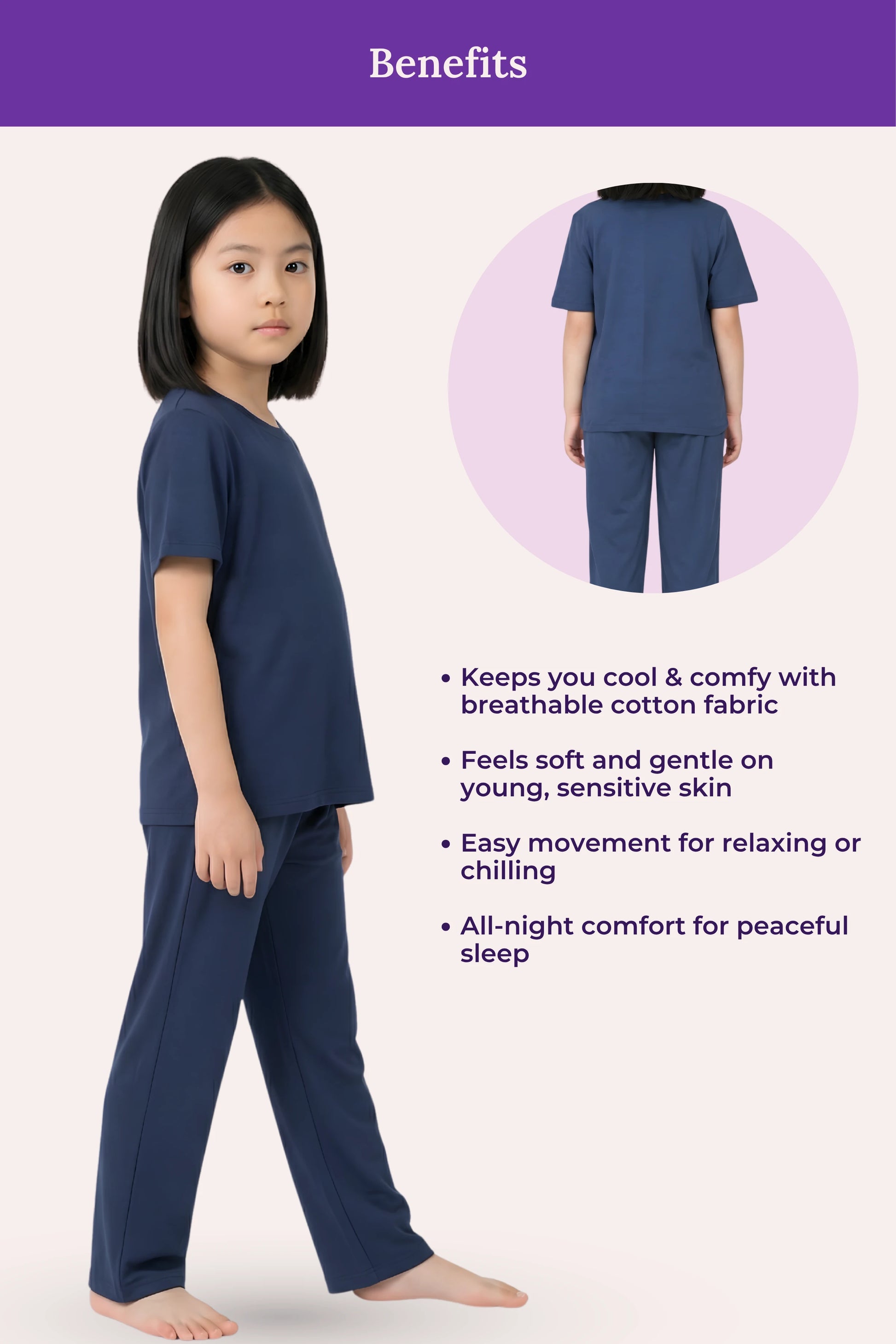 Girls wearing airforce navy pajamas with text highlighting benefits