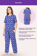 Woman wearing a navy pajama set with heart patterns, surrounded by text listing benefits of the fabric