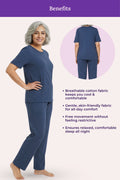Woman wearing a airforce navy pajama set with text highlighting benefits