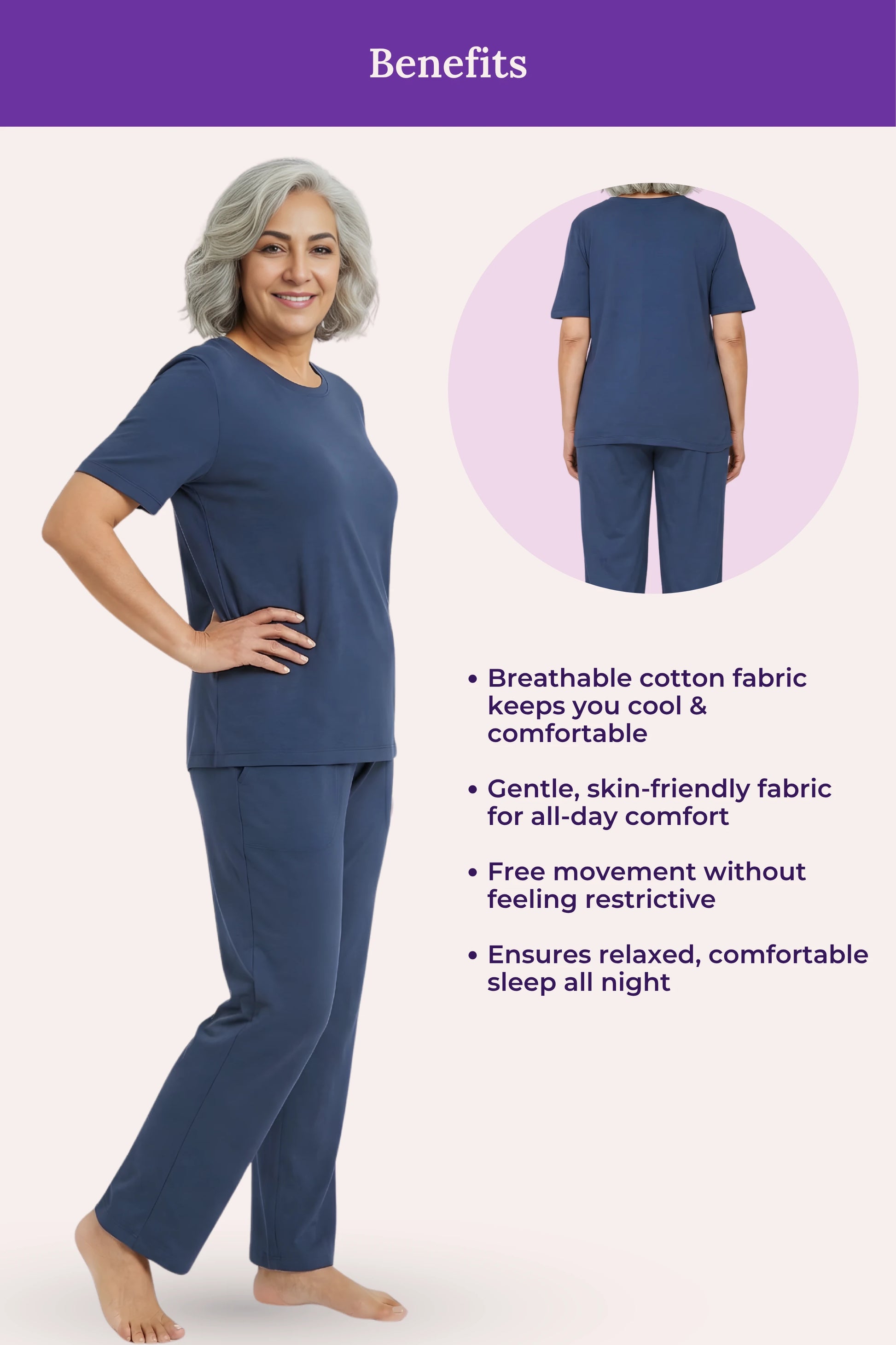 Woman wearing a airforce navy pajama set with text highlighting benefits