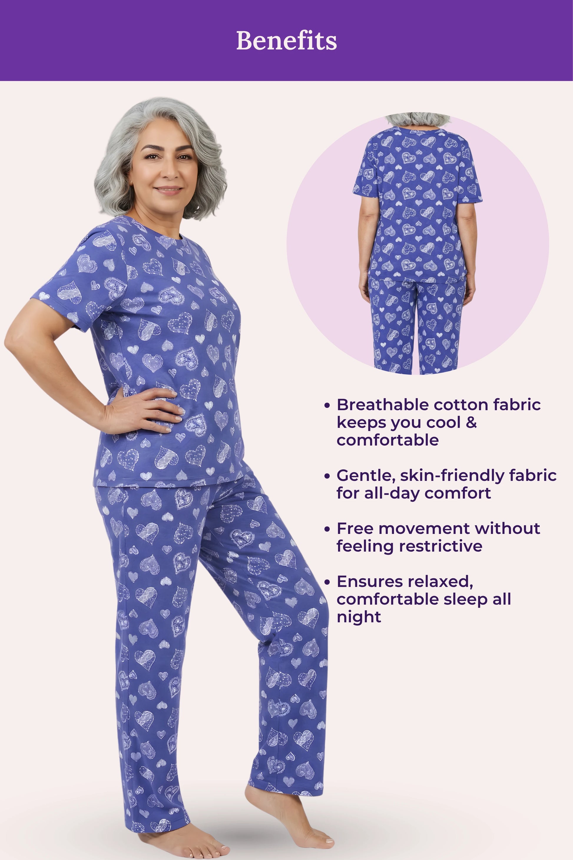 Woman wearing a navy hearts patterned pajama set with text highlighting benefits