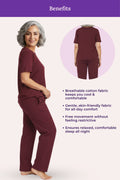Woman wearing a wine pajama set with text highlighting benefits