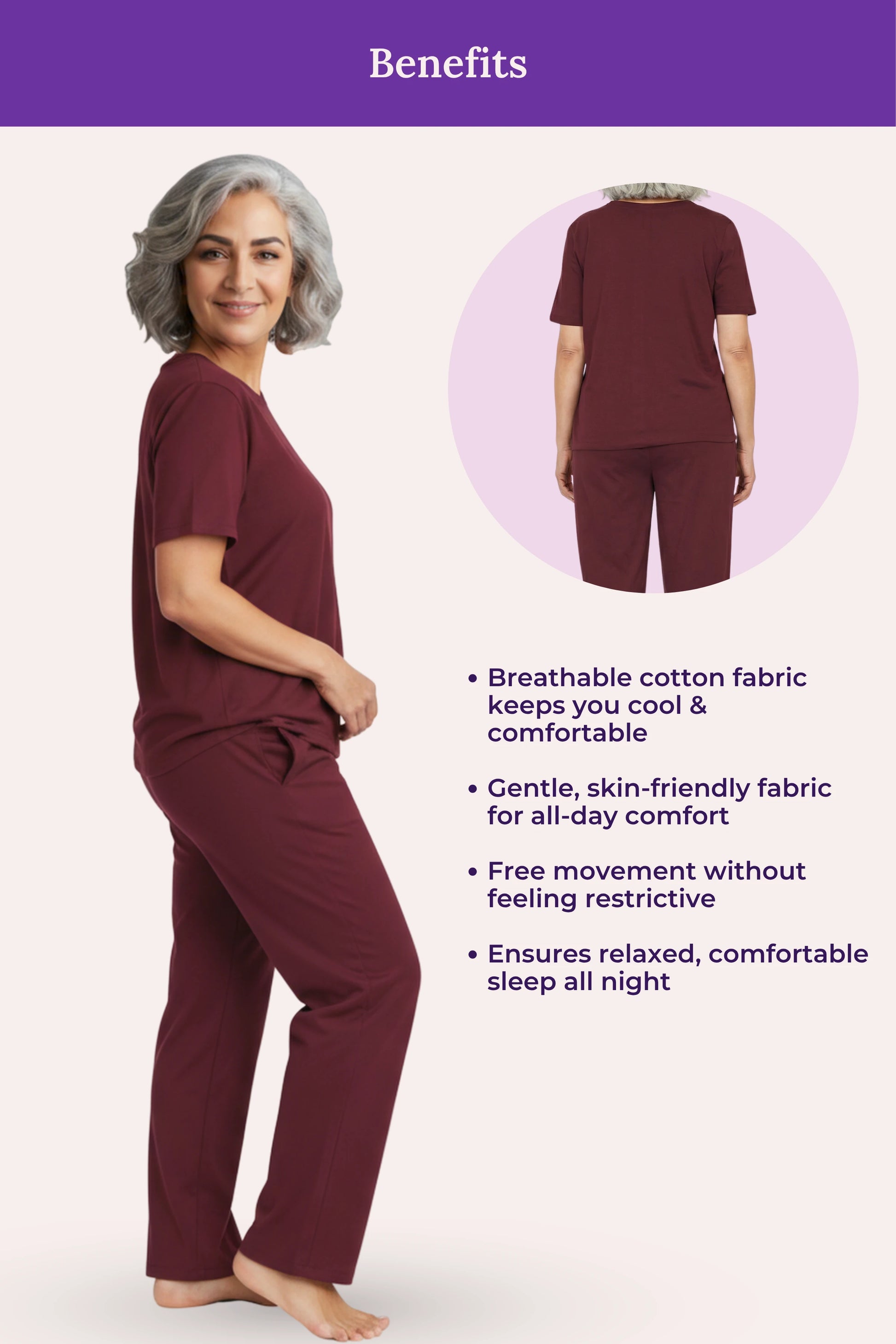 Woman wearing a wine pajama set with text highlighting benefits