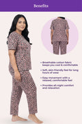 Woman wearing brown leopard print pajama set with text highlighting benefits
