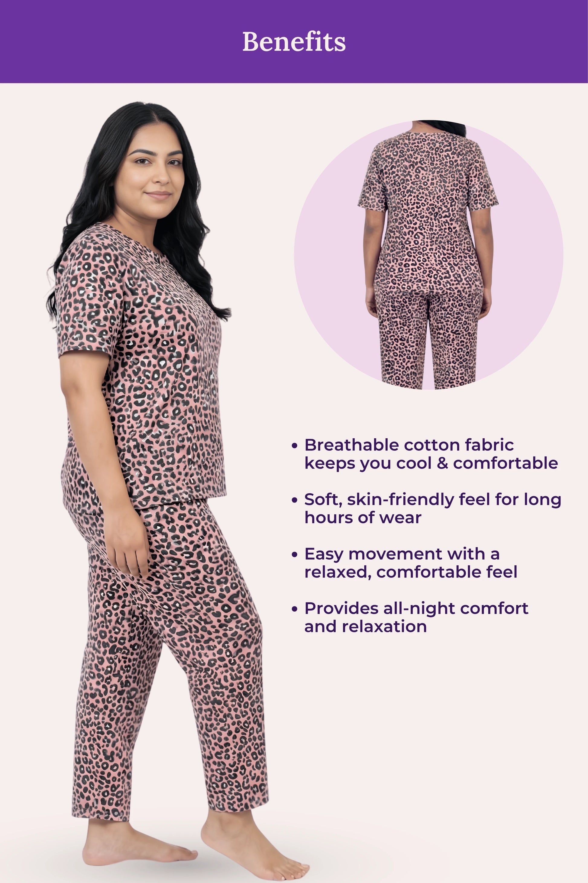 Woman wearing brown leopard print pajama set with text highlighting benefits