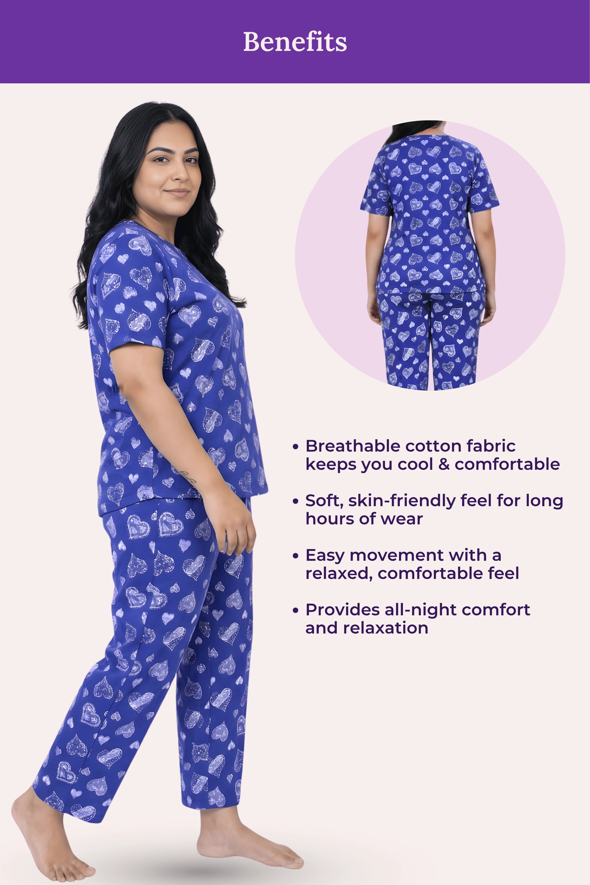 Woman wearing a navy hearts pajama set with text highlighting benefits