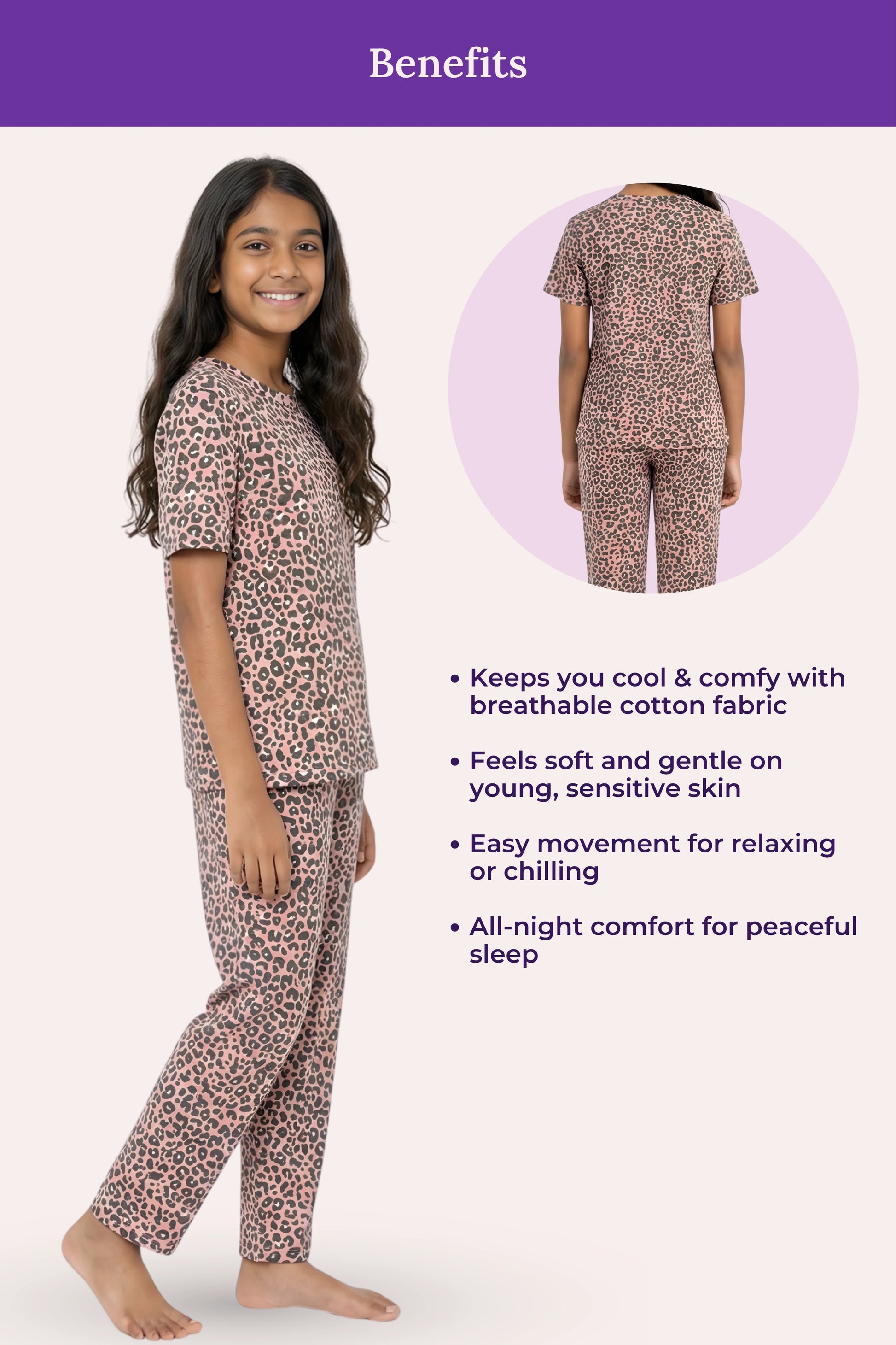 Teen wearing a brown leopard print pajama set with product details