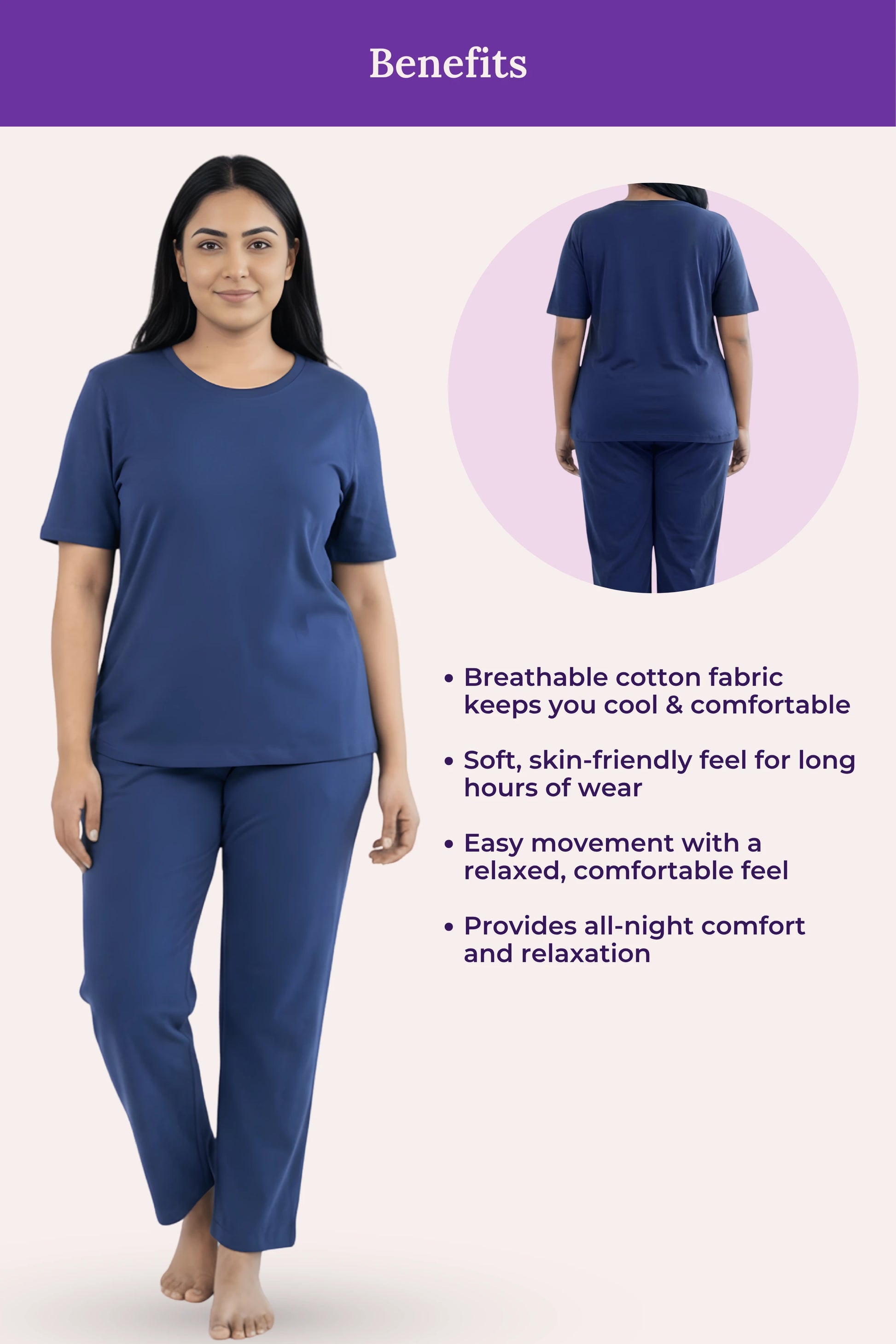Woman wearing a airforce navy pajama set with text highlighting benefits