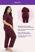 Woman wearing a wine pajama set with text highlighting benefits