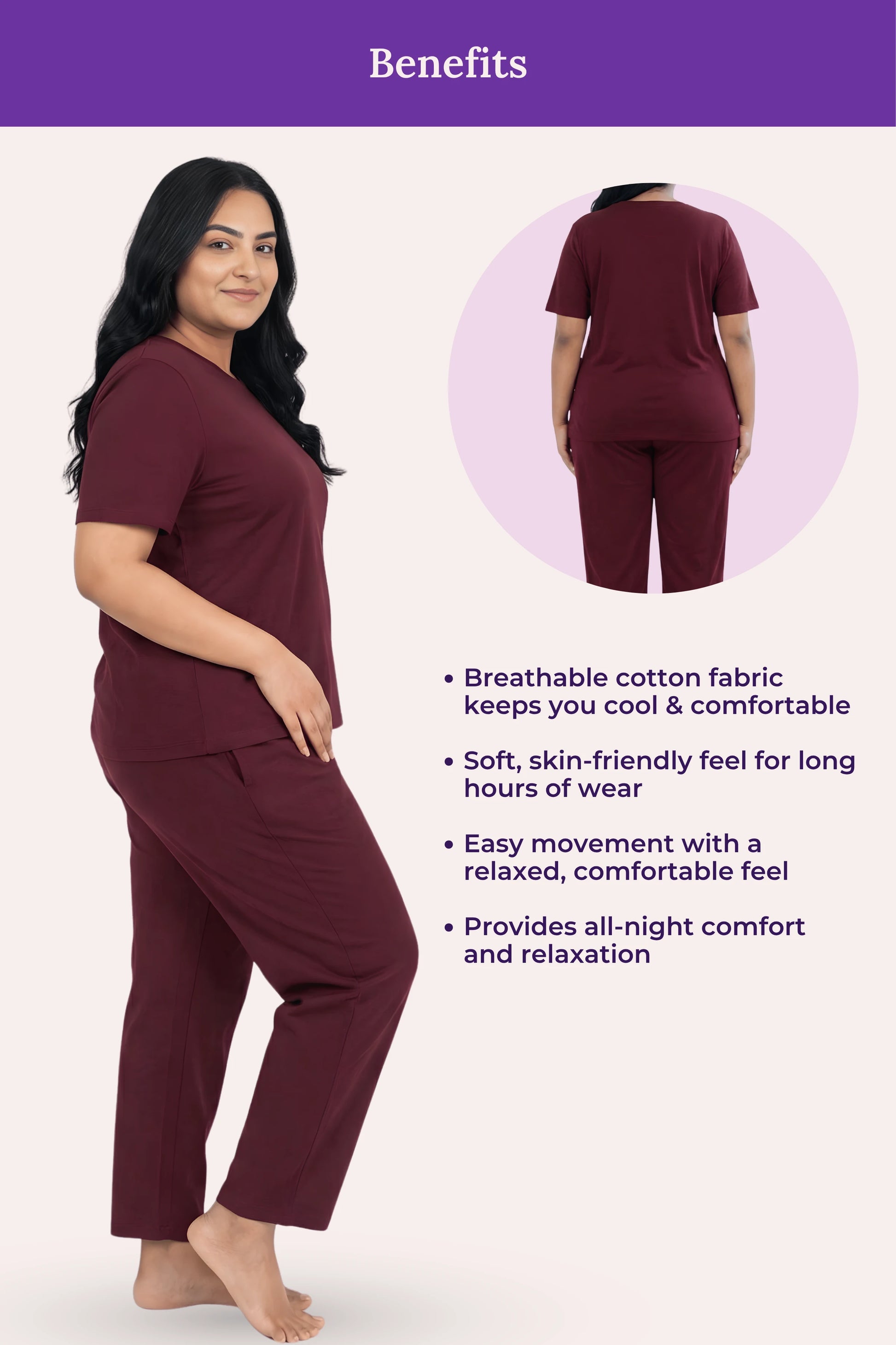 Woman wearing a wine pajama set with text highlighting benefits