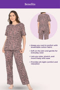 Woman wearing a brown leopard print pajama set with text highlighting benefits
