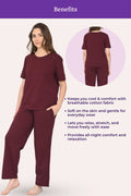 Woman wearing a wine pajama set with text highlighting benefits