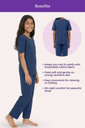 Teen wearing airforce navy pajamas with text highlighting benefits