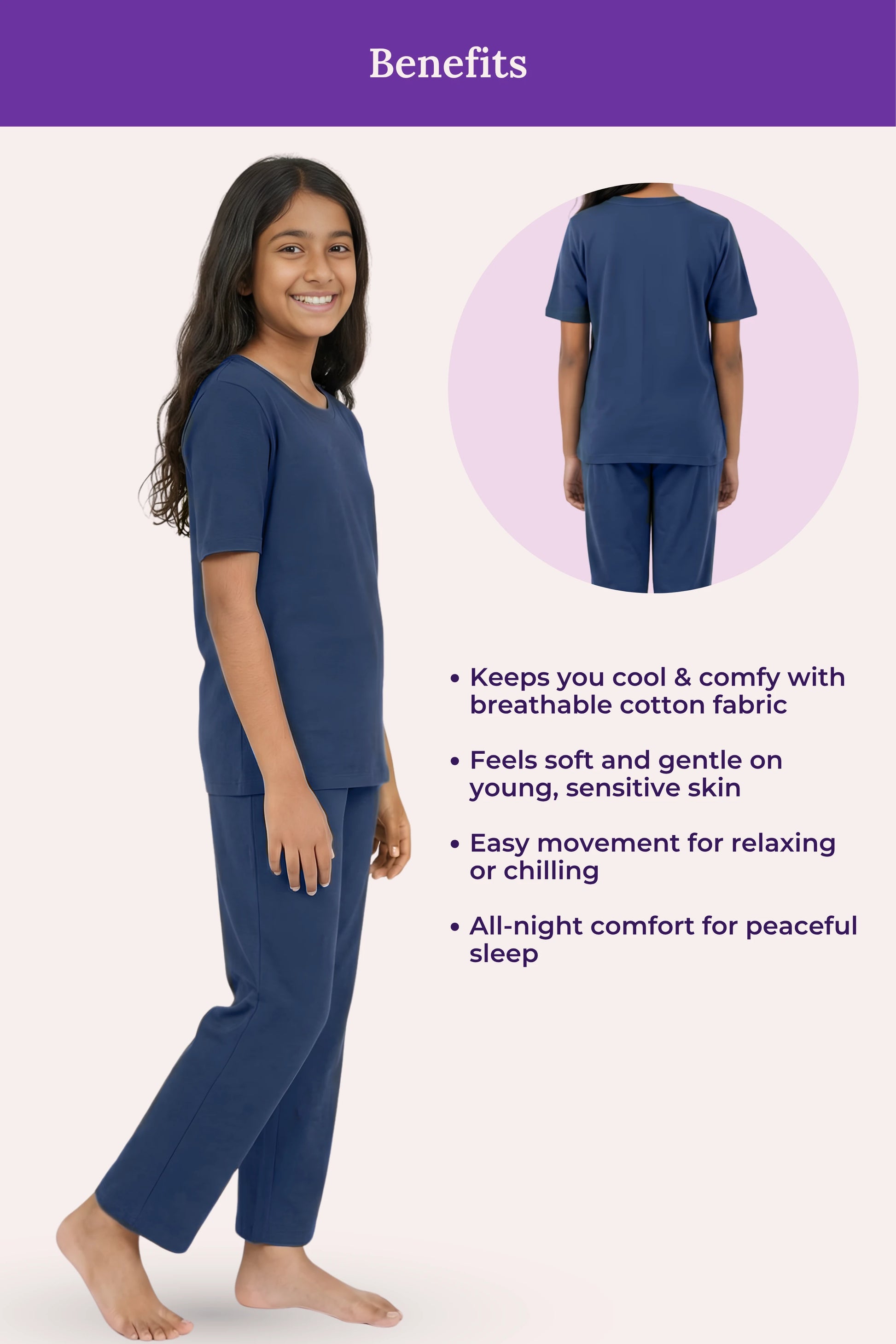 Teen wearing airforce navy pajamas with text highlighting benefits