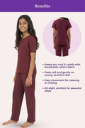 Teen wearing wine pajama set with text highlighting benefits