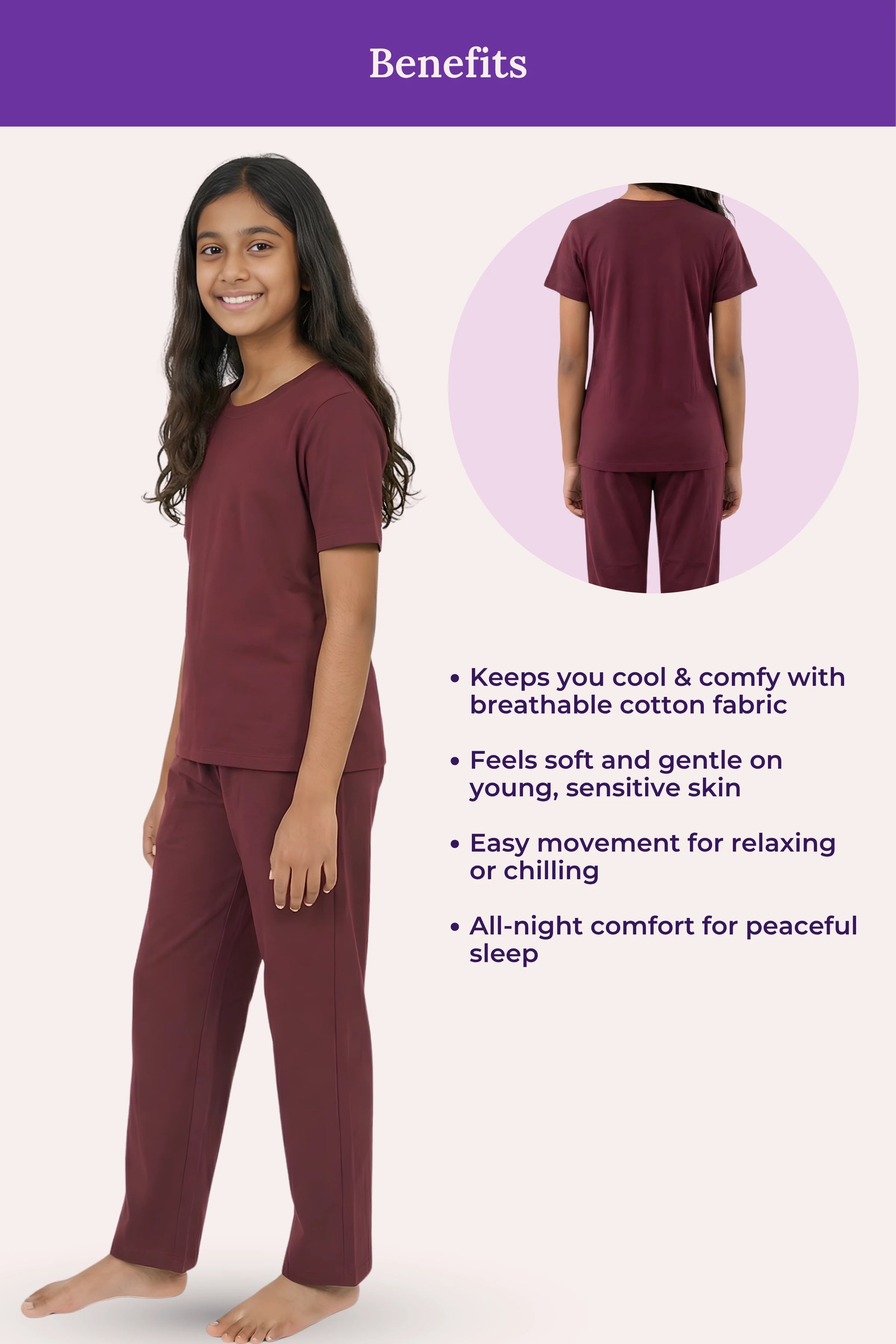Teen wearing wine pajama set with text highlighting benefits