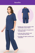 Woman wearing a airforce navy pajama set with text highlighting benefits