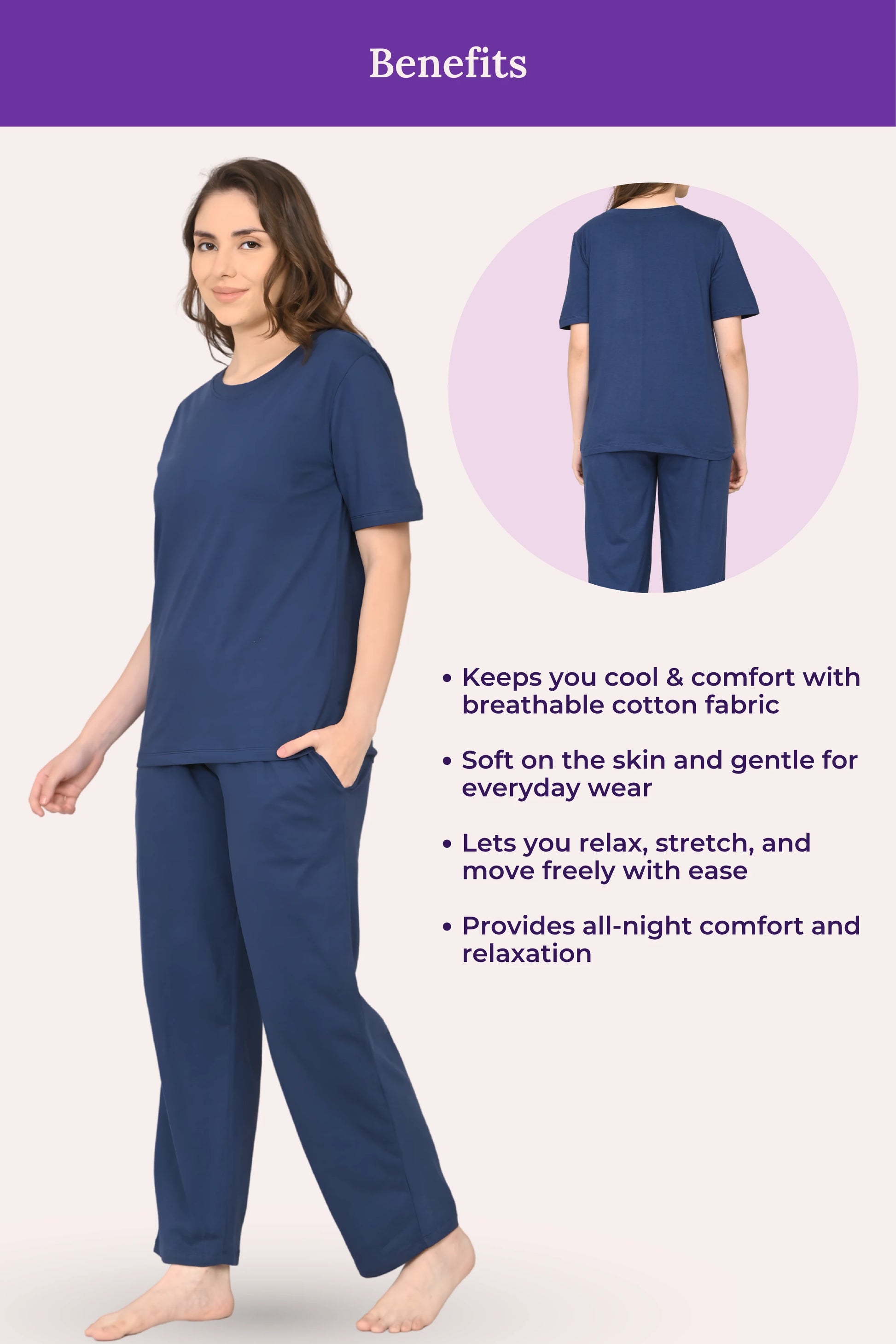 Woman wearing a airforce navy pajama set with text highlighting benefits