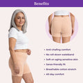 Woman wearing skin shorts with product benefits listed on a light pink background