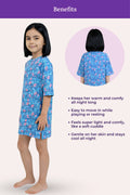 A girl model wearing a blue nightgown with a pink floral print, with a 'Benefits' and a circular inset showing the back view of the garment.
