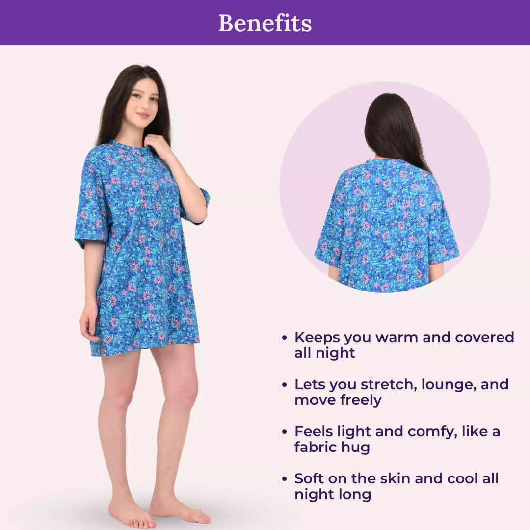 Woman wearing a blue floral oversize t-shirt with benefits