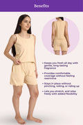 Woman wearing a cream outfit with text detailing product benefits