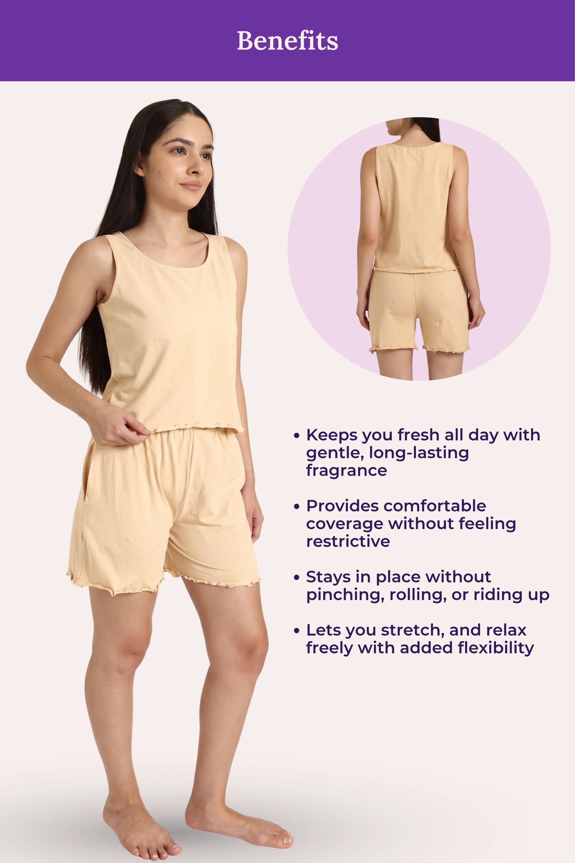 Woman wearing a cream outfit with text detailing product benefits