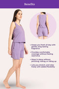 Woman wearing a lavender outfit with text listing benefits on a light gray background