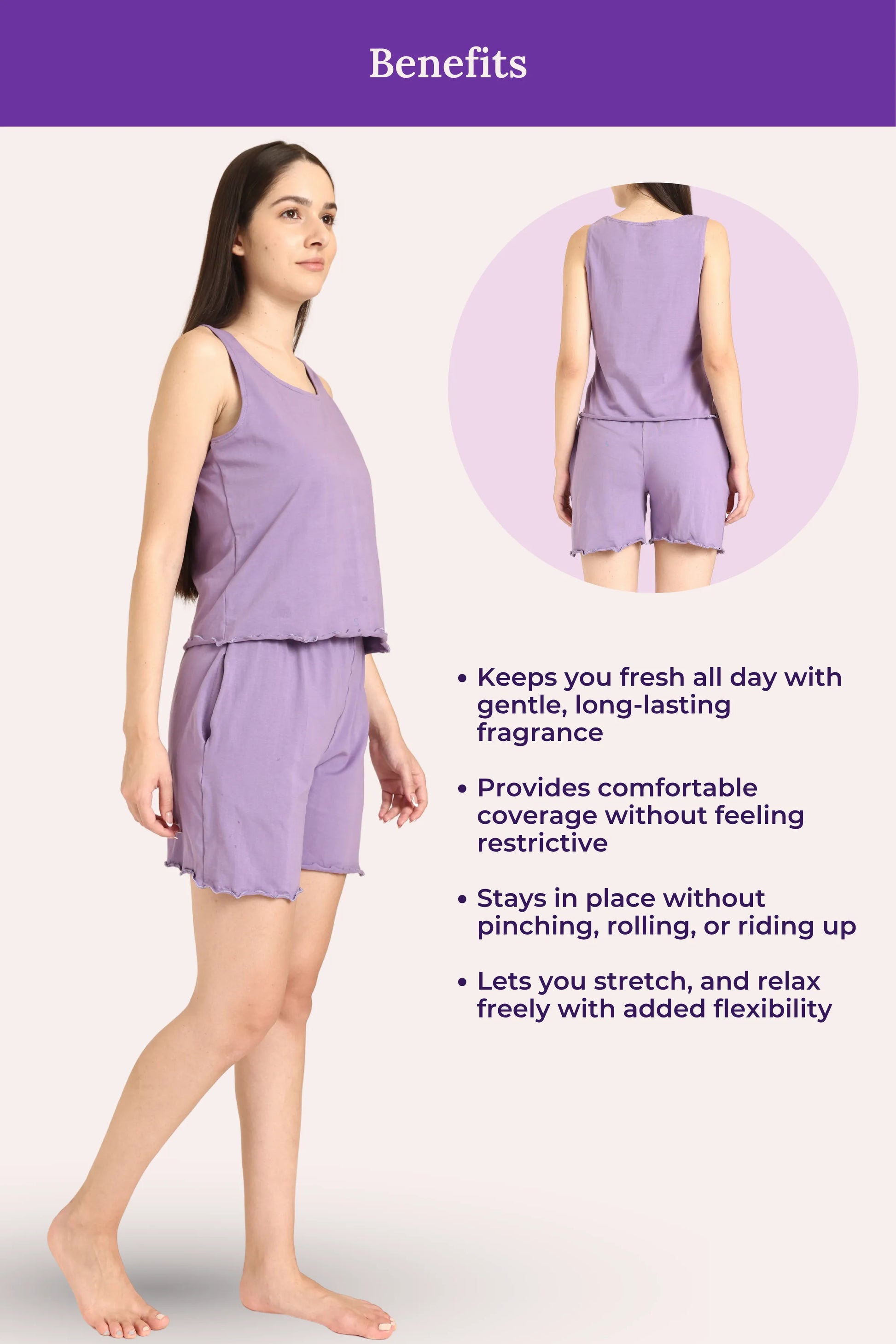 Woman wearing a lavender outfit with text listing benefits on a light gray background