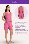Woman wearing a rose outfit with text detailing product benefits