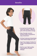 Girl wearing black leggings with product benefits listed