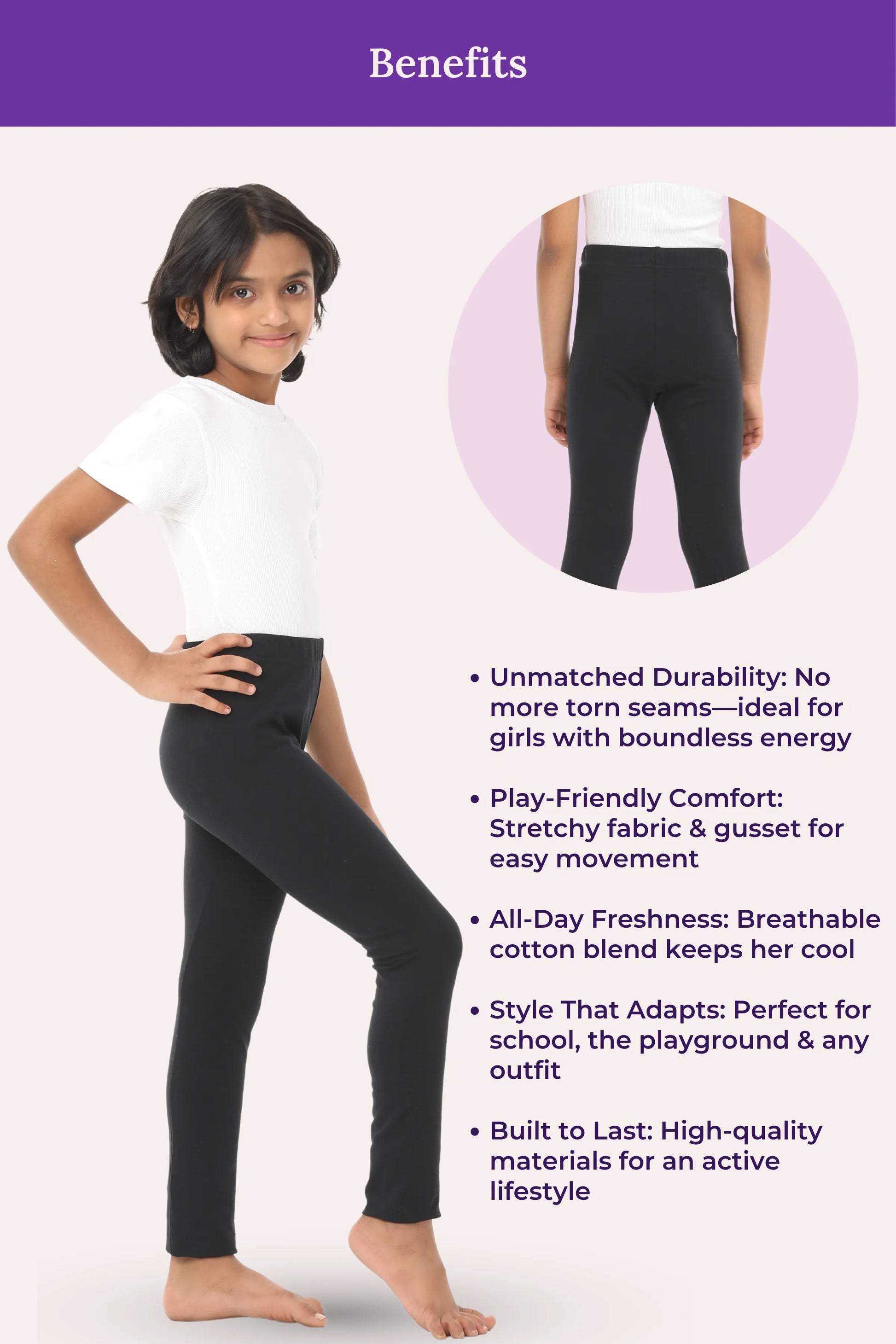 Girl wearing black leggings with product benefits listed