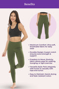 Woman wearing green leggings with text detailing benefits on a white background