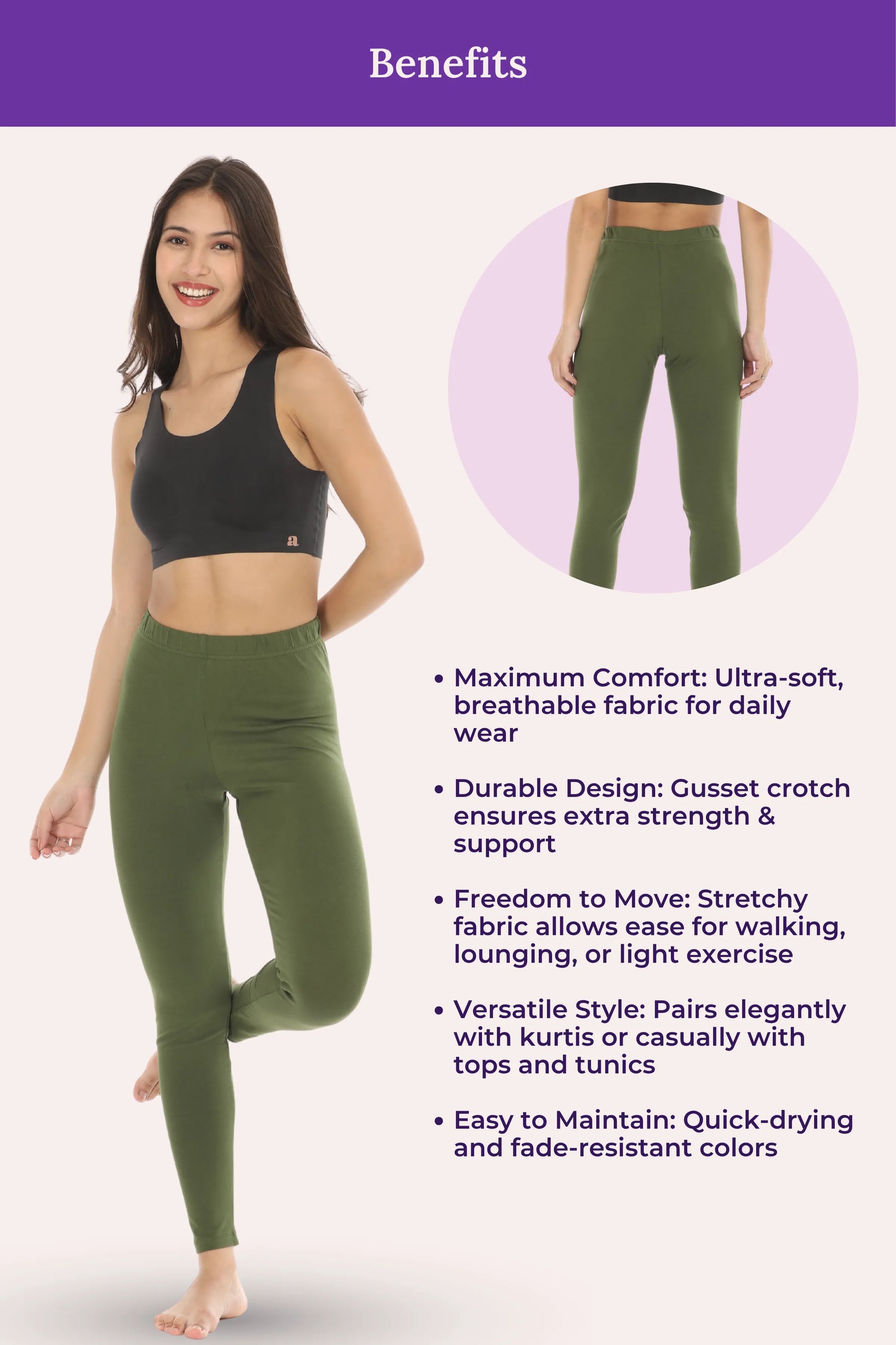 Woman wearing green leggings with text detailing benefits on a white background