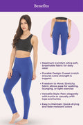 Woman wearing blue leggings with product benefits listed on a purple and white background