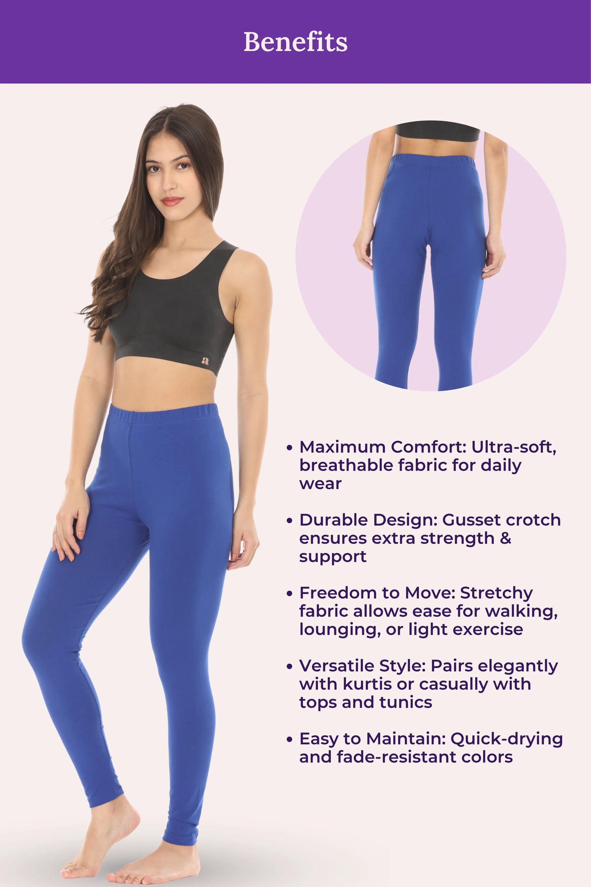Woman wearing blue leggings with product benefits listed on a purple and white background