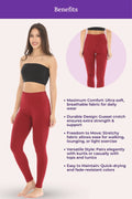 Woman wearing maroon leggings with text detailing benefits on a white background