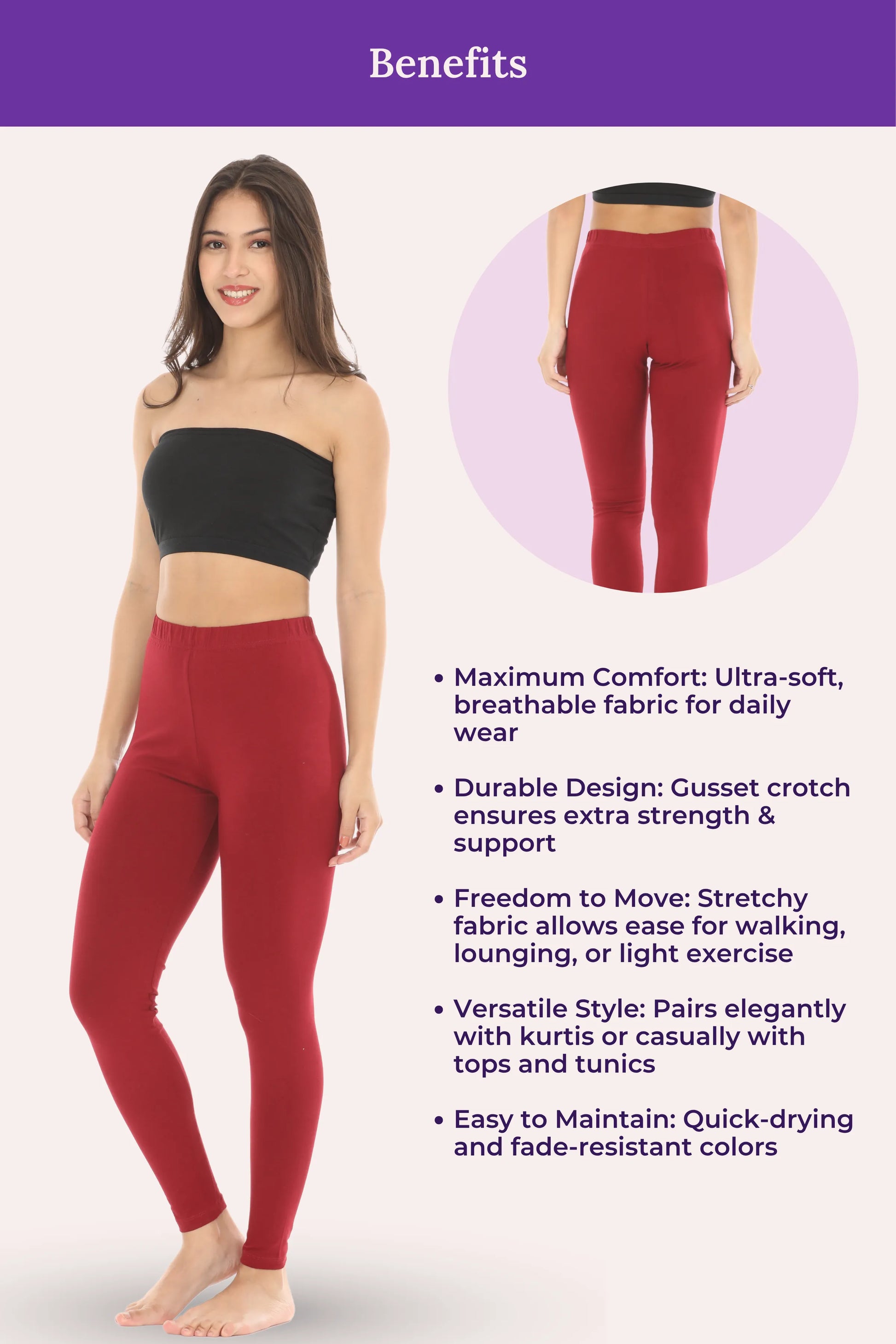 Woman wearing maroon leggings with text detailing benefits on a white background