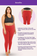 Woman wearing red leggings with text detailing product benefits on a purple background