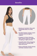 Woman wearing white leggings with text detailing benefits on a white background