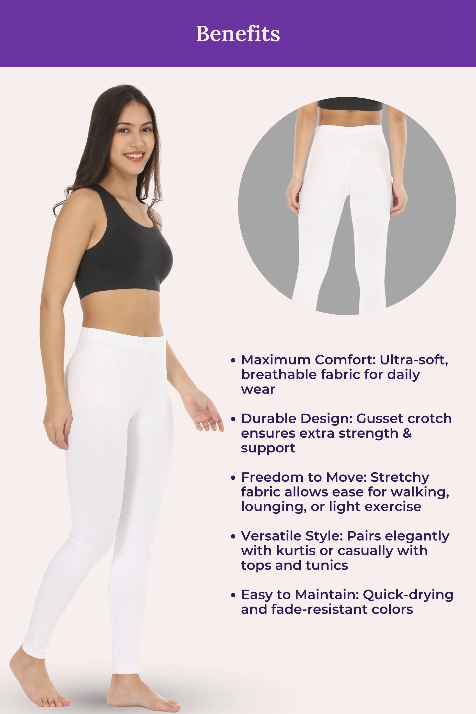 Woman wearing white leggings with text detailing benefits on a white background