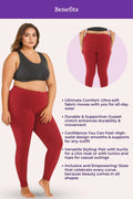 Woman wearing maroon leggings with text detailing benefits on a white background