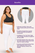 Woman wearing white leggings with text detailing benefits on a white background
