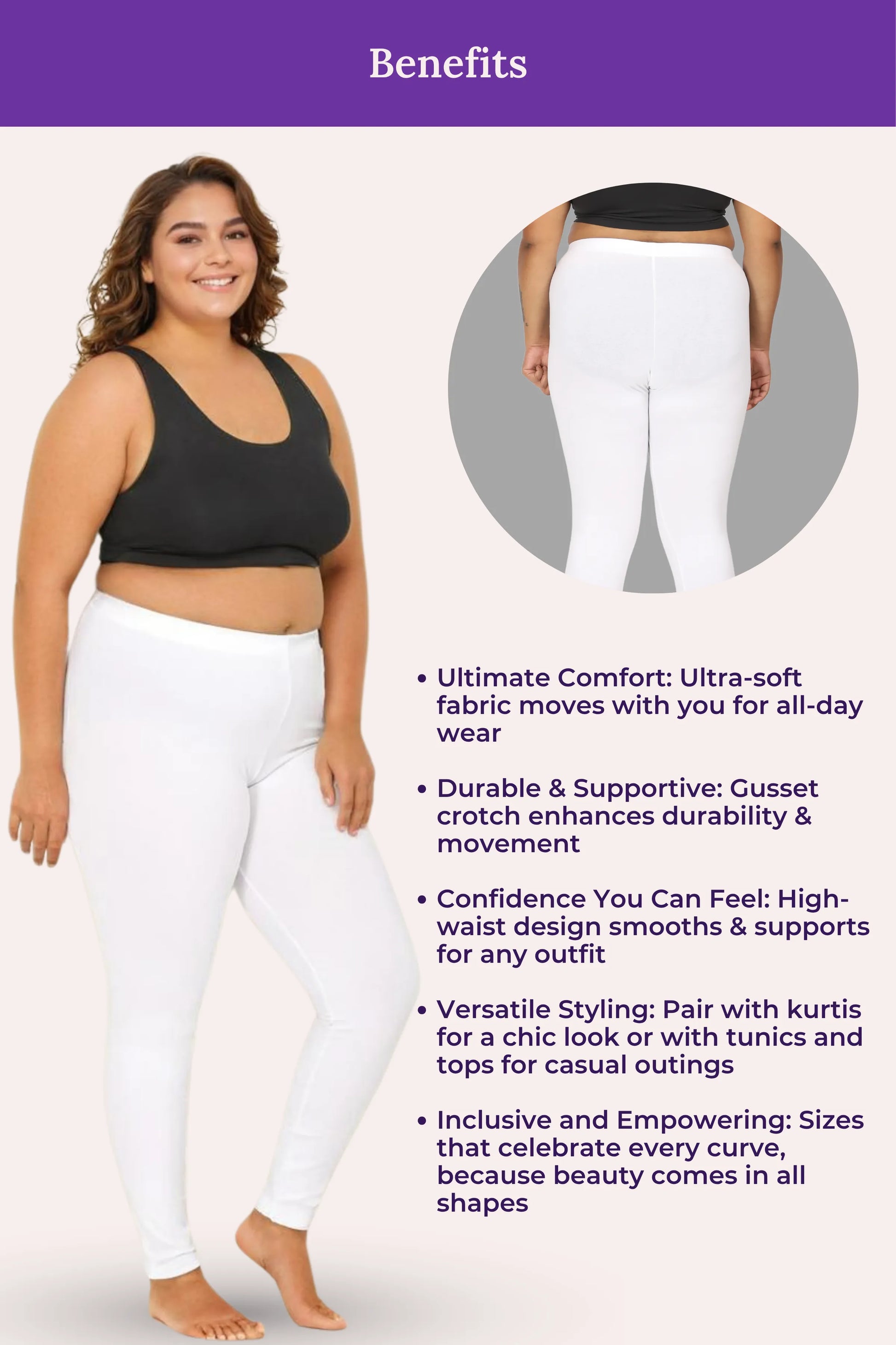 Woman wearing white leggings with text detailing benefits on a white background